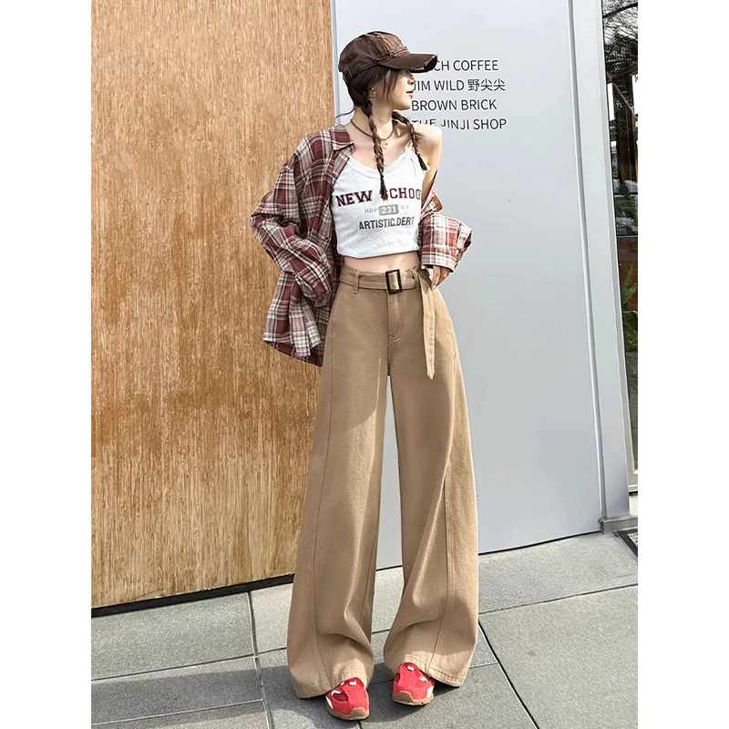 美式复古卡其色阔腿牛仔裤女春季新款高腰宽松垂感休闲直筒长裤子