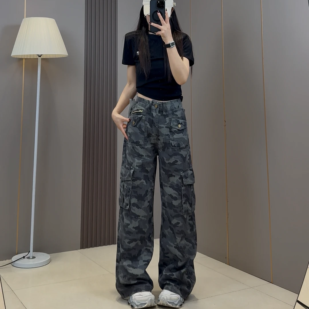 迷彩工装牛仔裤女美式高街2025新款高腰阔腿宽松显瘦拖地裤春潮