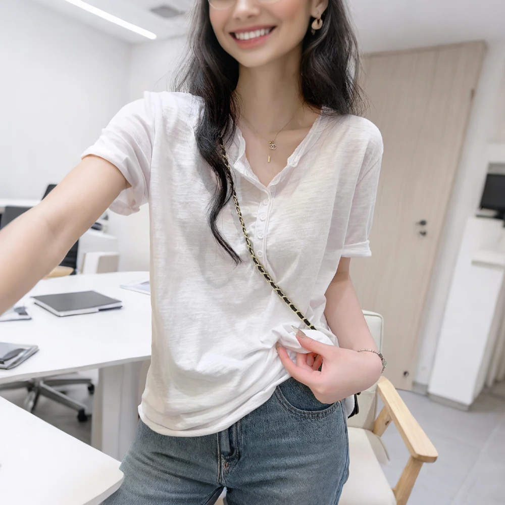 白色慵懒风竹节棉宽松百搭T恤女装夏季短袖正肩设计感休闲薄上衣