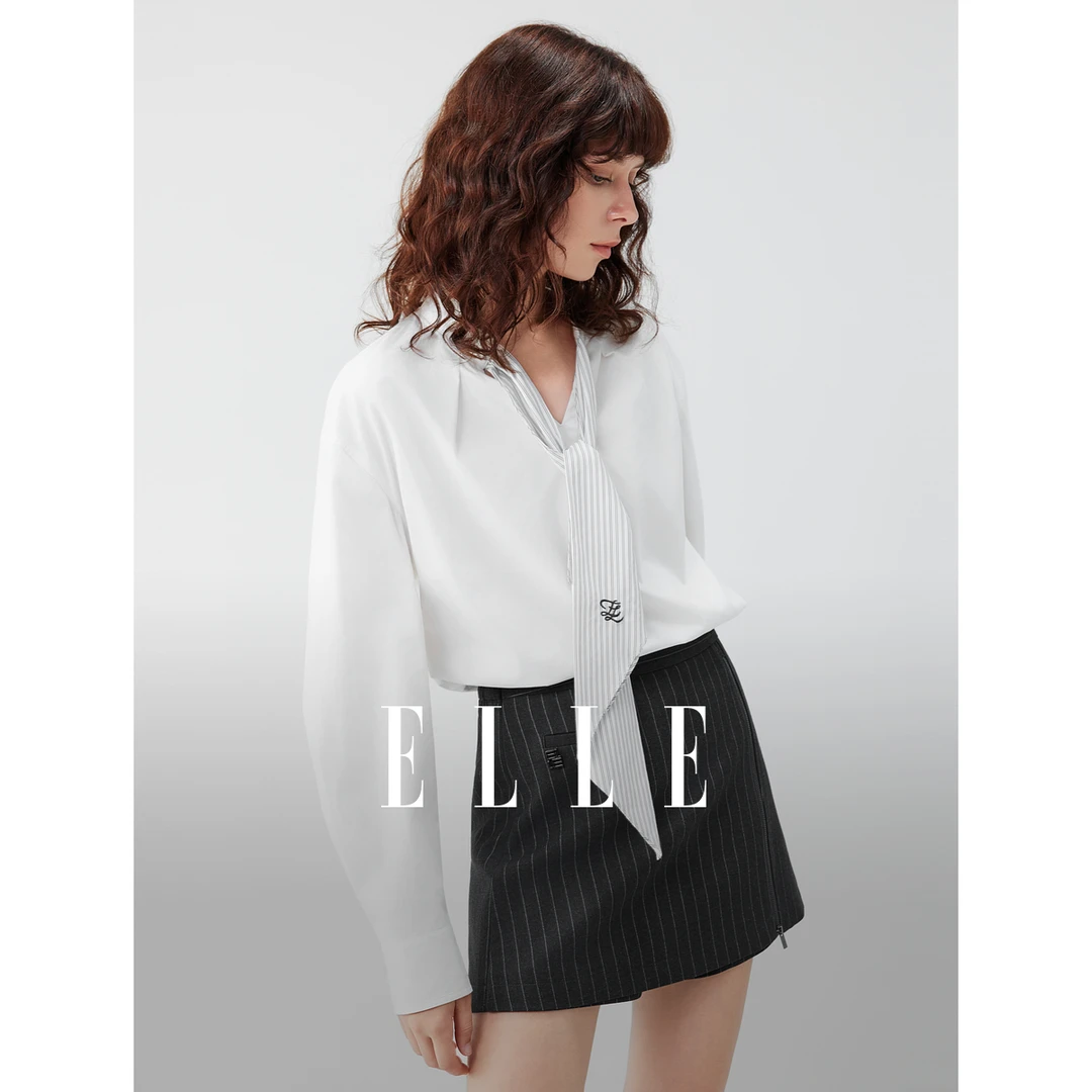 ELLE拼接条纹飘带领纯棉衬衫女2025秋季新款气质通勤衬衣EM52785