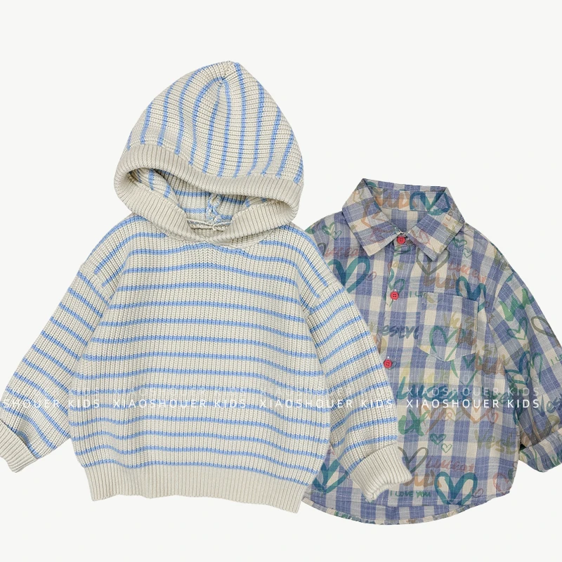 【小首尔】男童韩版潮流格子衬衫春秋时尚宽松连帽两件套套装ZH0571