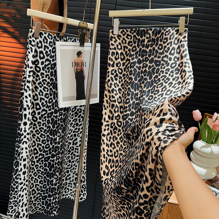 美式复古醋酸缎面豹纹包臀鱼尾夏季新款小众广州十三行半身裙