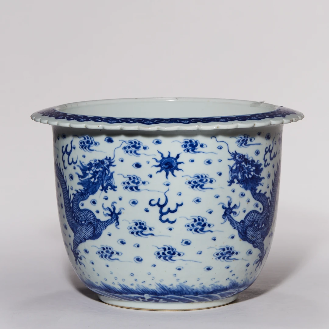 5006清晚期·青花云龙纹花盆、盆奁【古董拍卖】