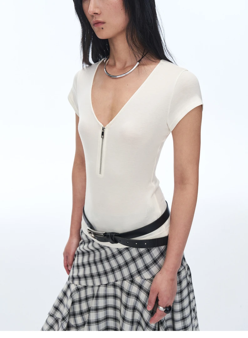 [时髦搭子]简色默片 澳毛天丝V领拉链/斜肩T恤春