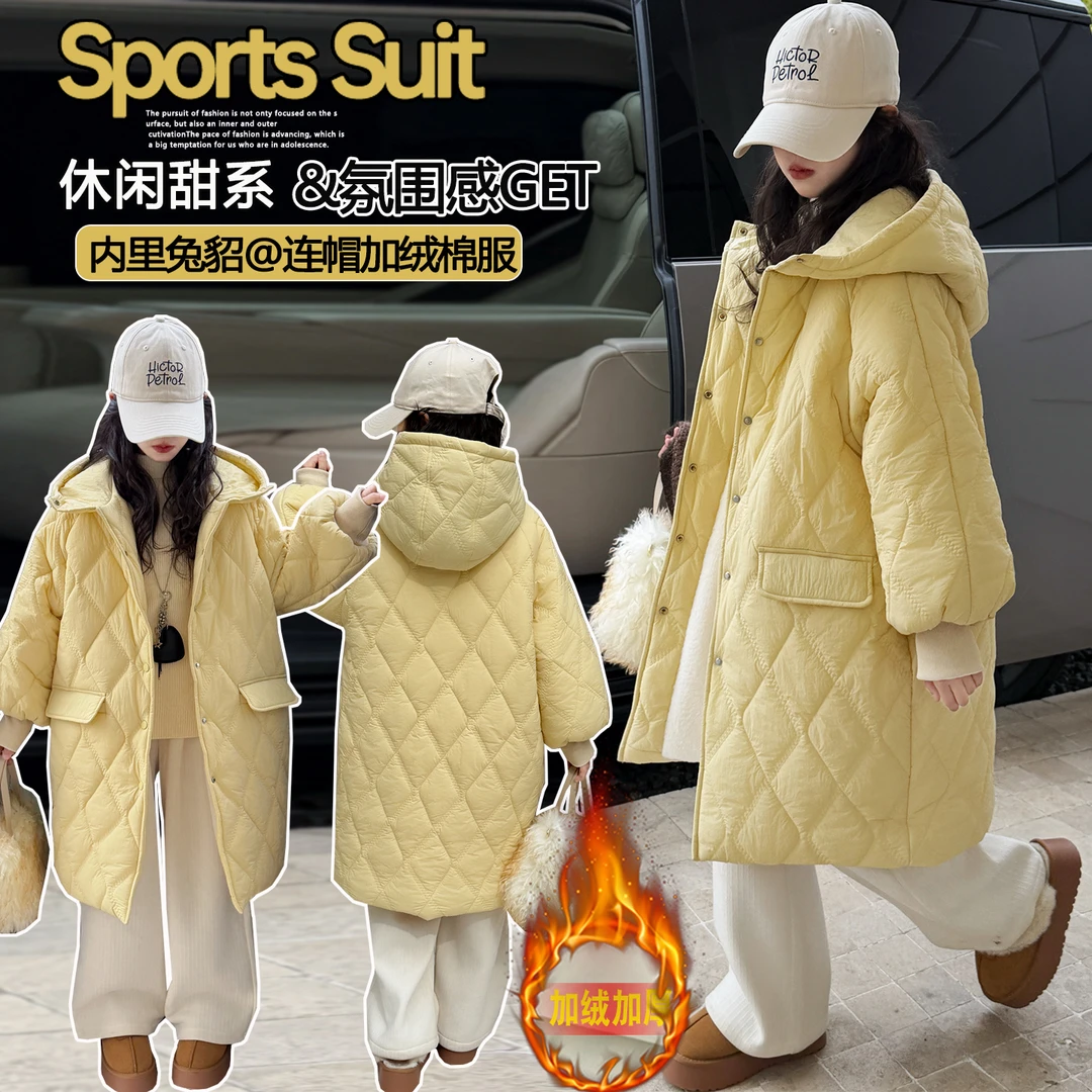 女童冬季长款连帽纯色加绒加厚款棉服2025新款中大童时尚中长款
