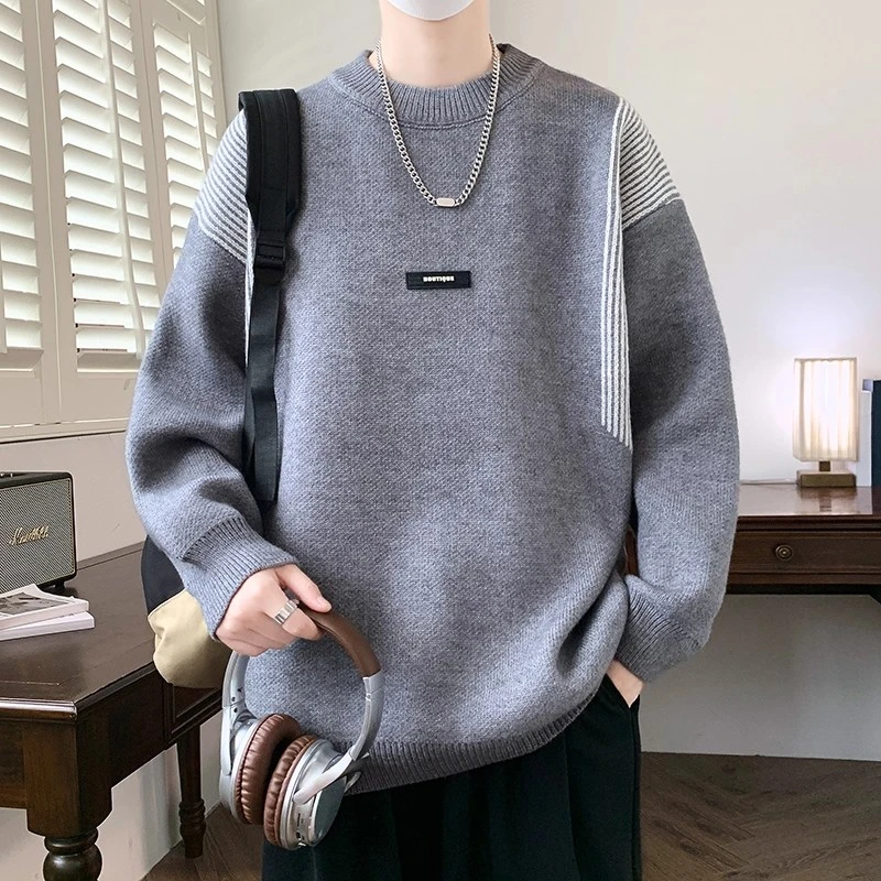 秋冬季青少年圆领毛衣男孩高中学生加厚打底针织衫大童保暖线衣服