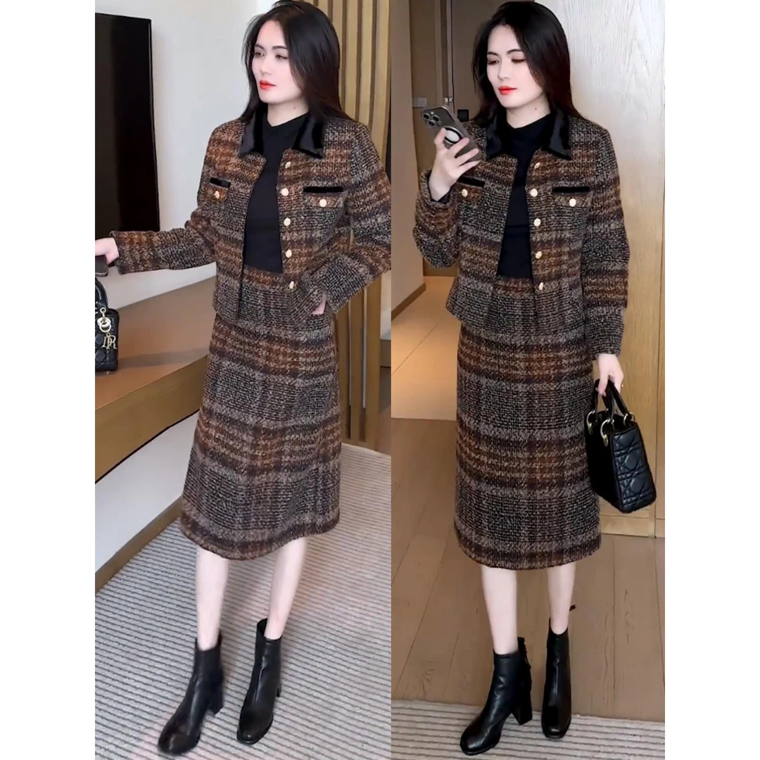 .小香风时尚套装裙女装2025秋冬新款格子毛呢外套半身裙减龄两件.