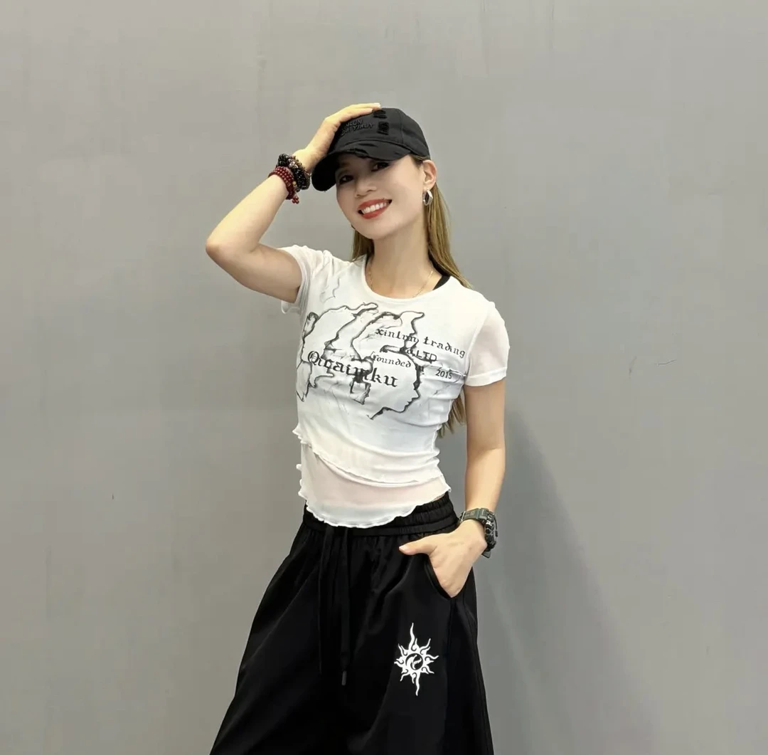 G-251-T恤2025新款网纱轻薄透气印花圆领短袖上衣XL766