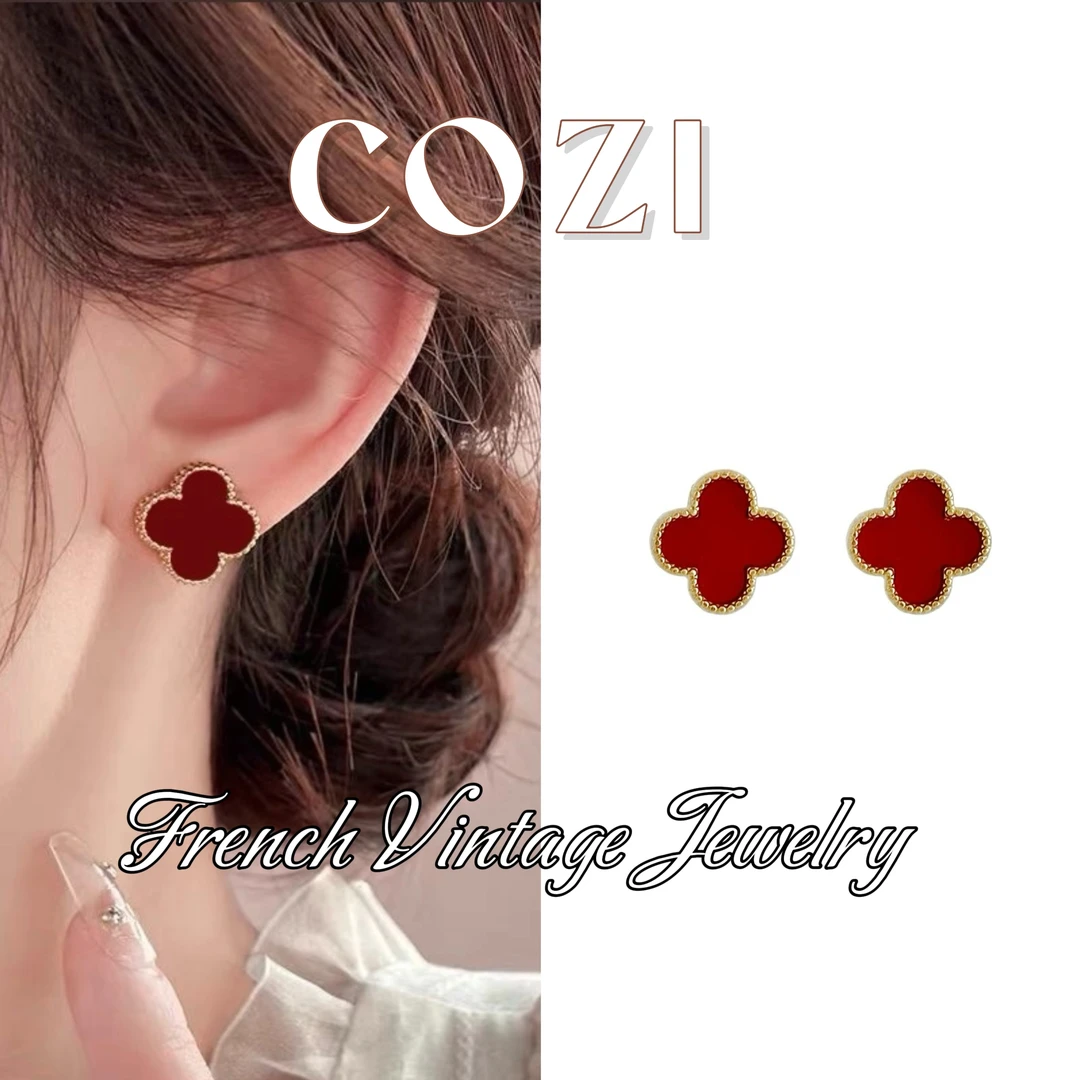 COZI 铜合金亚克力耳饰 蔻姿【小确幸】经典四叶草设计感红色耳饰