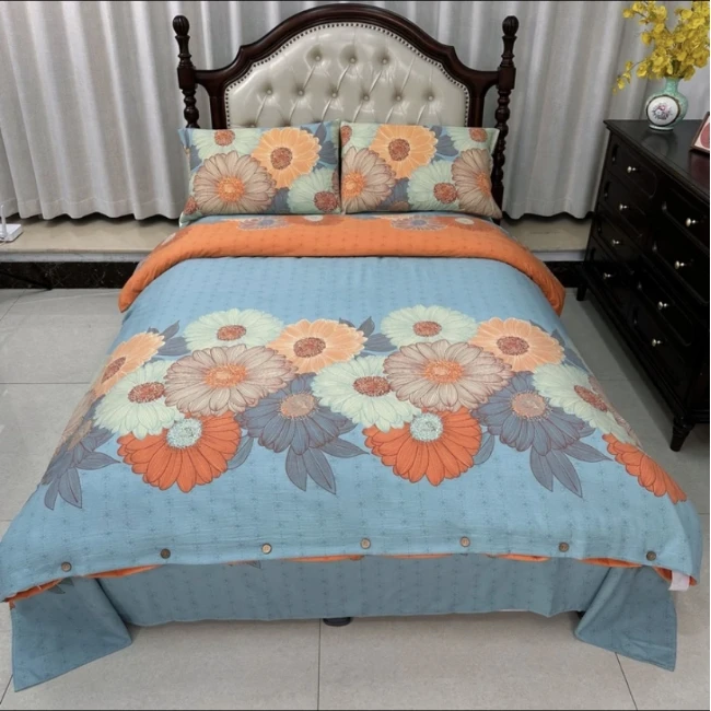 亲肤棉双层纱四件套--花语暗香蓝（纽扣）双面凉感熟悉夏季新款