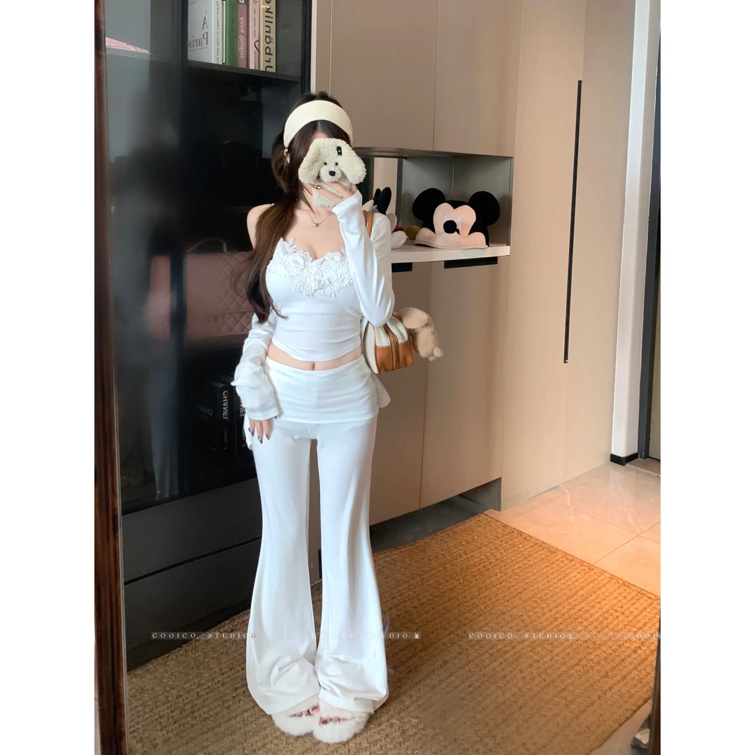 纯欲辣妹长袖开衫外套+蕾丝吊带背心+高腰休闲喇叭裤时尚套装女秋