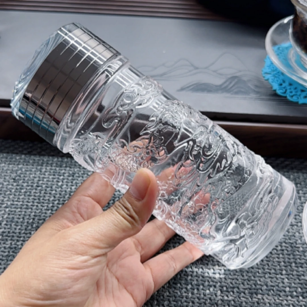 原矿水晶便携车载杯纯手工雕刻带过滤密封盖高档茶杯