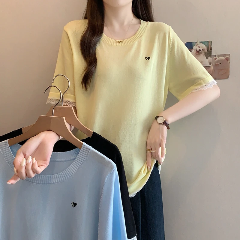 大码女装2025夏装新款蕾丝拼接针织上衣胖mm百搭冰丝短袖T恤4060