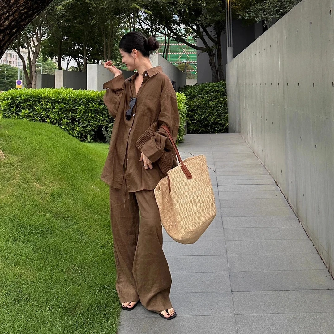 松弛感老钱风亚麻套装女夏季新款慵懒气质宽松休闲棉麻衬衫两件套
