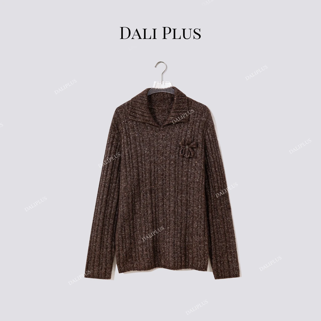 DALI PLUS“重磅75羊绒25桑蚕丝”手工编织胸花针织衫-D5MM3111