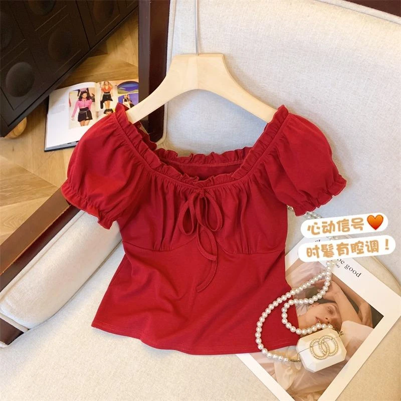 红色一字肩上衣女夏法式娃娃衫蝴蝶结短款小衫减龄泡泡袖短袖衬衫