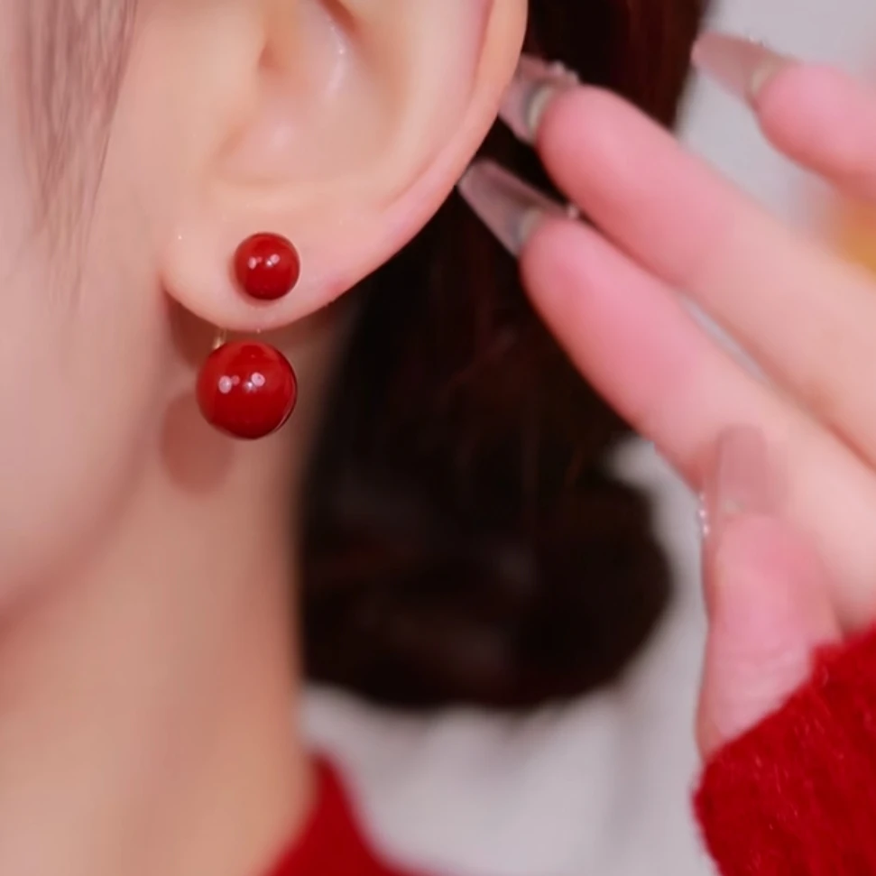 铜合金仿珍珠耳饰 925银针复古经典中国红色球球耳钉气质新年耳环