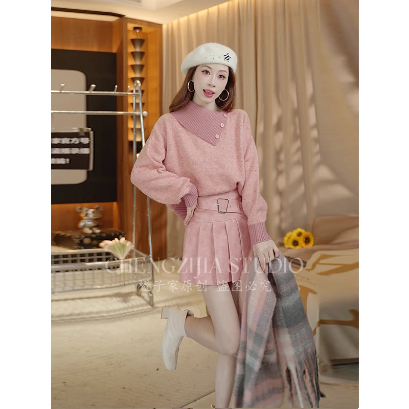 【裴诗婷】MY00061翻领纽扣拼色毛衣外套