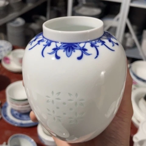 碟景德镇瓷陶瓷青花玲珑无盖