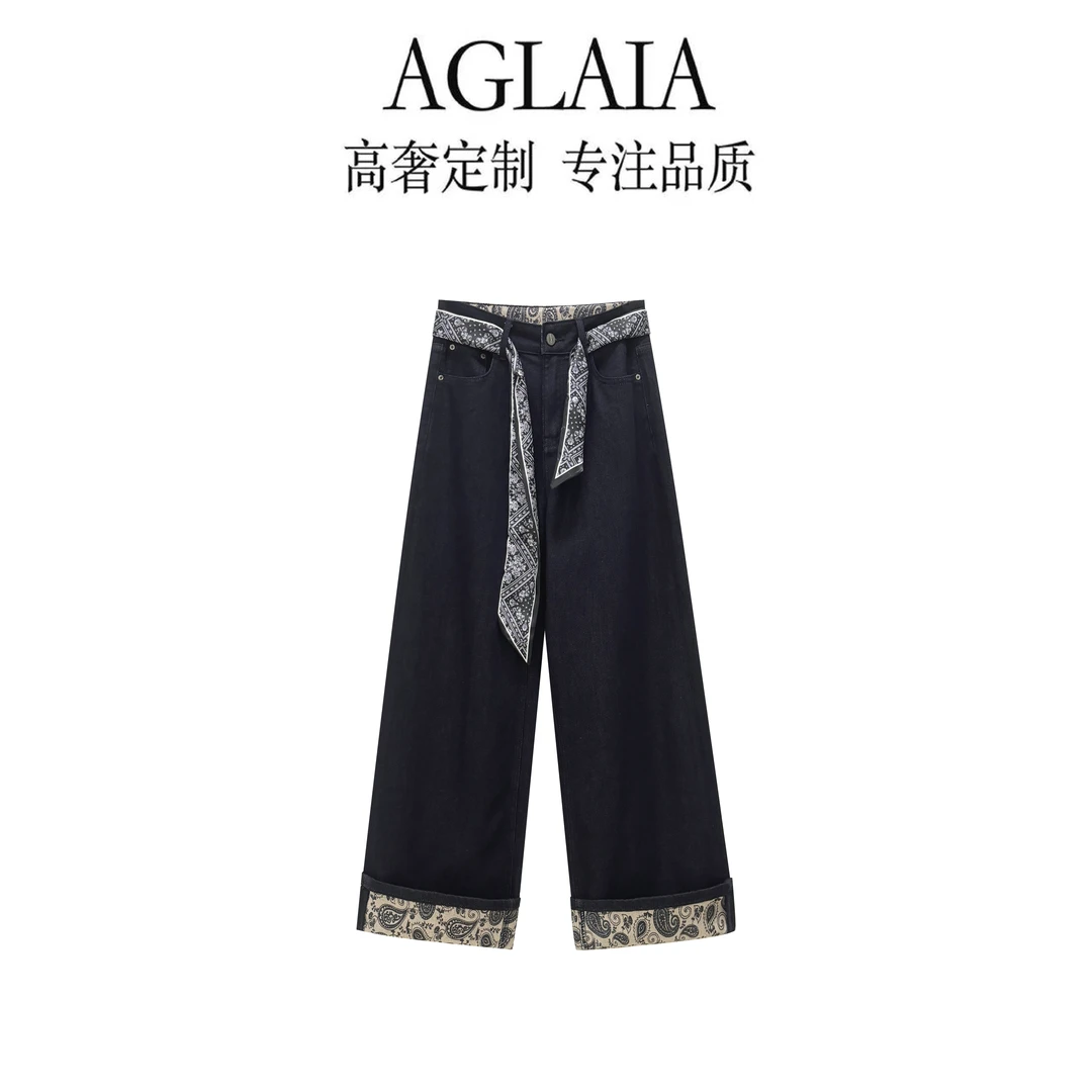 AGLAIA-秋季新款丹宁高腰微弹腰果花翻边宽松阔腿直筒牛仔裤8156