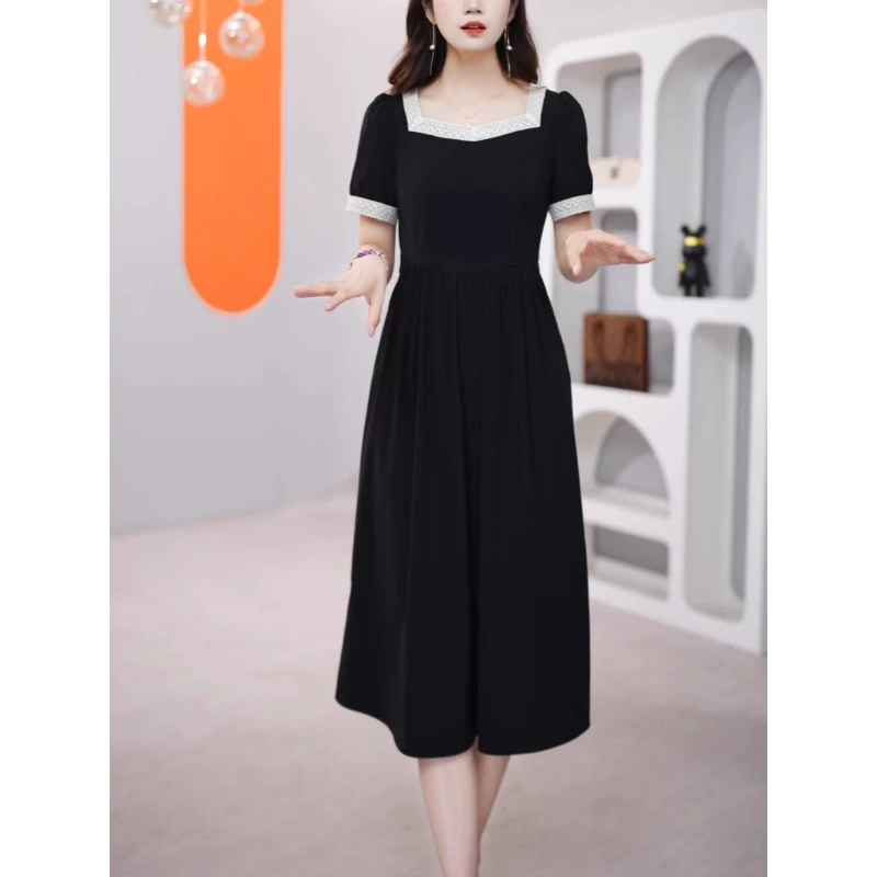 鑫梦源气质轻奢优雅连衣裙2025夏新款时尚精致收腰修身显瘦中长裙