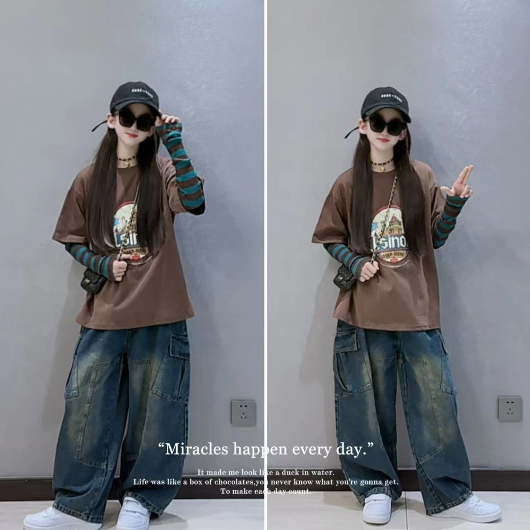 女童T恤套装春秋新款女孩卫衣牛仔裤两件套韩版休闲童装衣服秋装