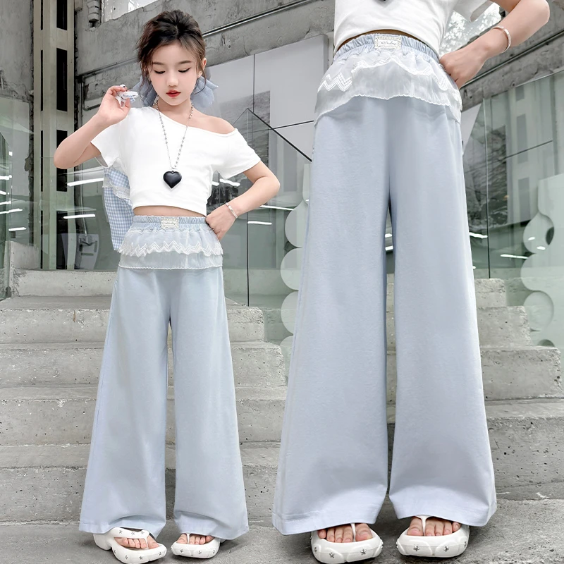 女童裤子夏季2025新款儿童洋气中大童韩版蕾丝薄款休闲百搭阔腿裤