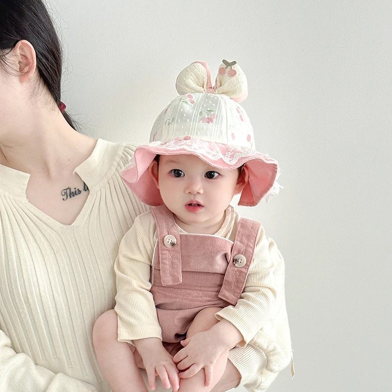 女宝宝帽子春秋薄款遮阳防晒蕾丝花边公主渔夫帽女童夏季出游盆帽