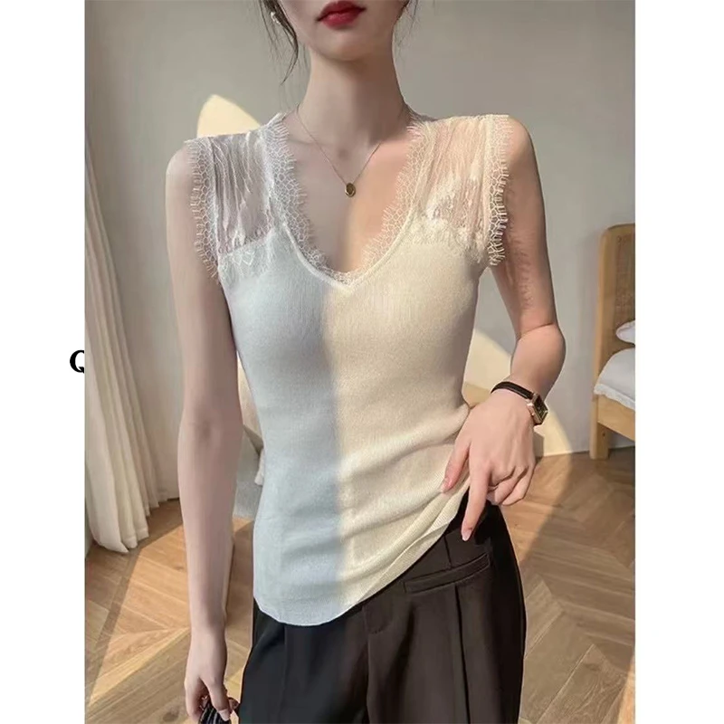2025春上新时尚百搭显瘦舒适拼蕾丝设计洋气吊带外穿背心女洋