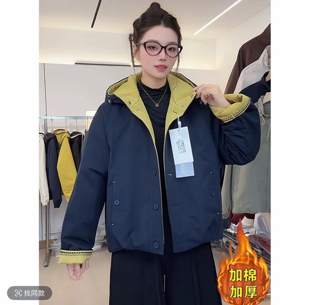 加棉加厚2025秋冬新款连帽时尚百搭女宽松潮流长袖时尚外套