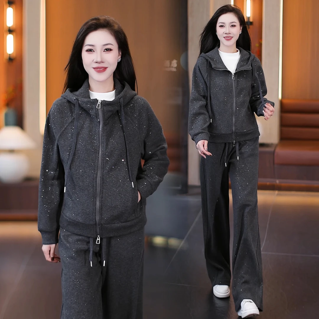 时尚加绒加厚休闲套装女冬季新款宽松显瘦连帽卫衣阔腿裤两件套潮