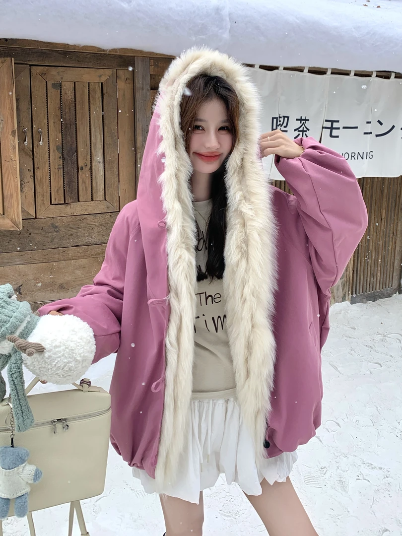 90白鸭绒树莓粉派克羽绒服女短款时尚连帽百搭冬季女装肯豆风保暖