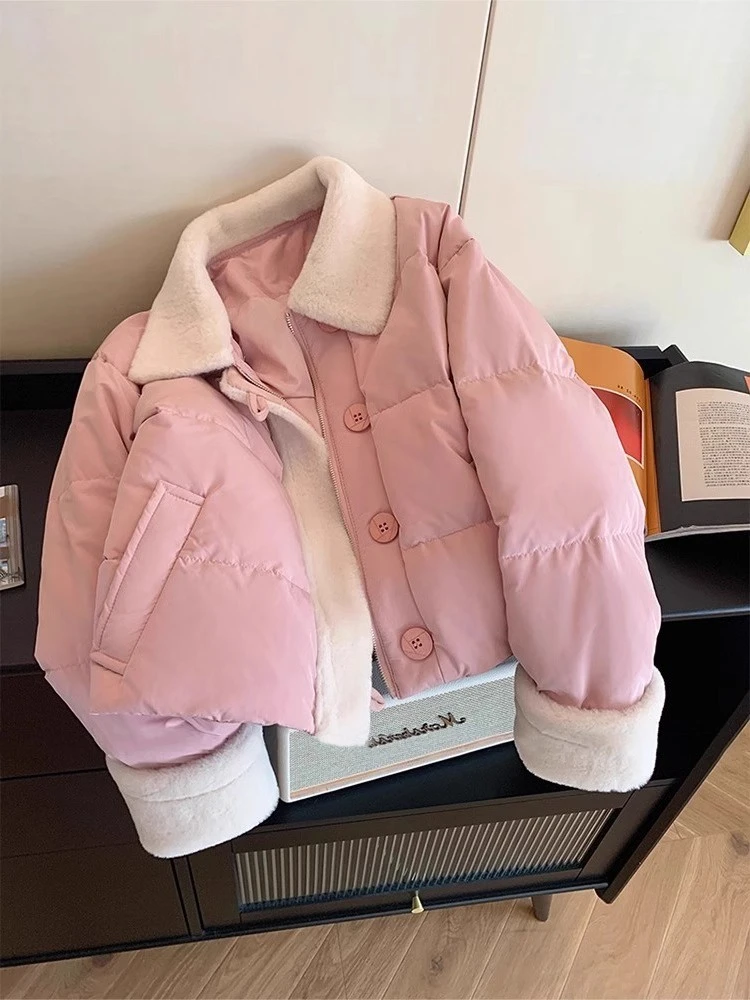韩系甜美设计感羊羔毛拼接翻领棉服外套女秋冬减龄百搭小个子棉衣