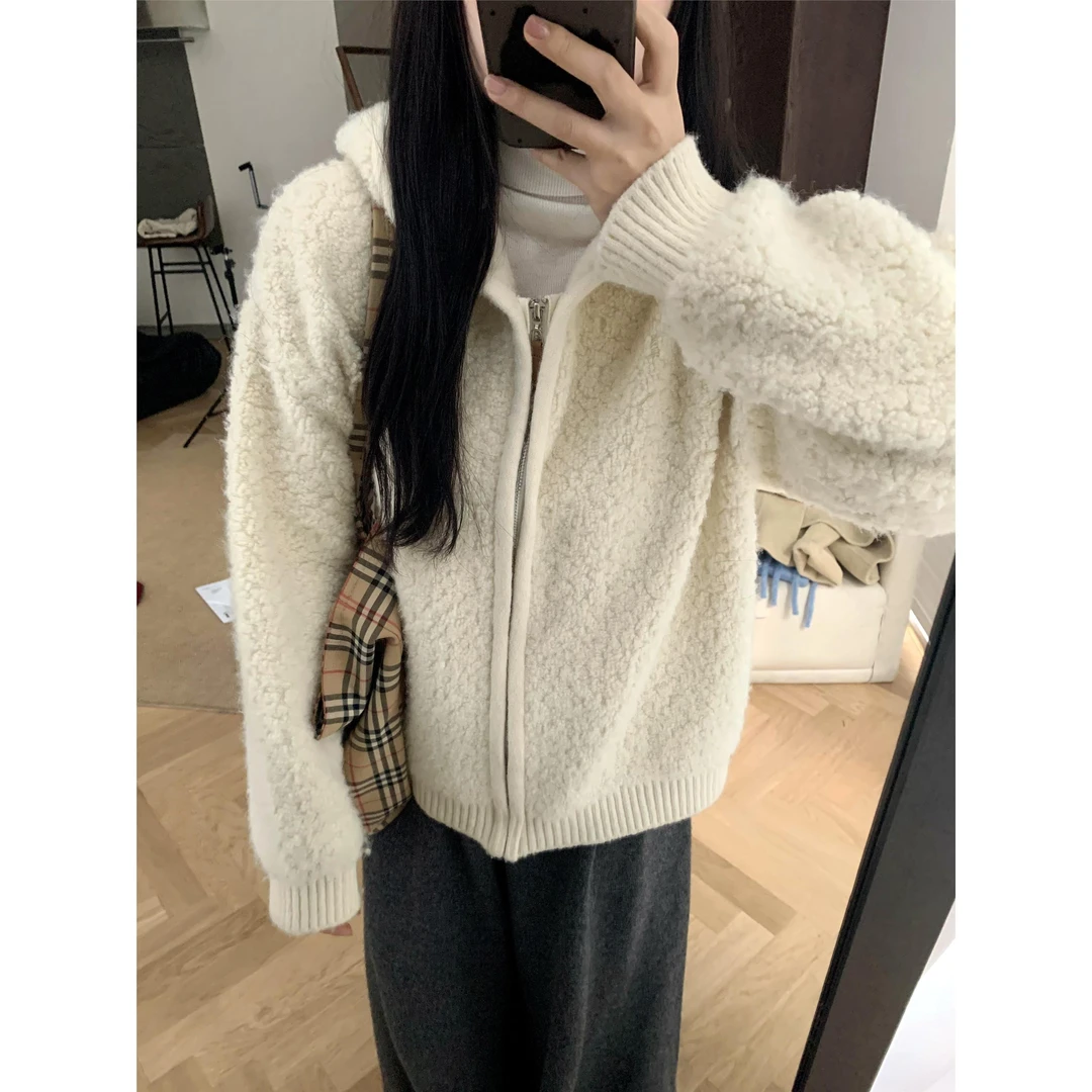 圈圈纱连帽毛衣外套女秋冬百搭加厚软糯温柔风奶呼呼拉链针织开衫