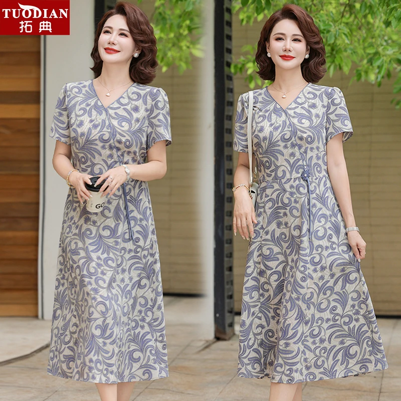 妈妈连衣裙夏季女2025新款印花短袖中老年收腰显瘦连衣裙洋气