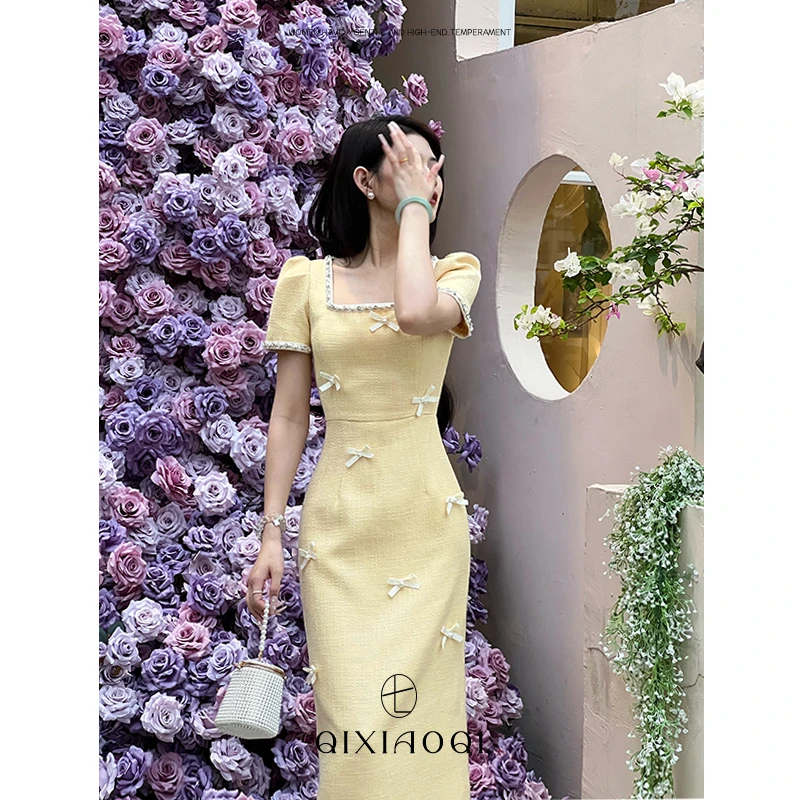 七小七Sicily【温妮思千金】法式黄色小香风连衣裙夏季时尚长款裙子