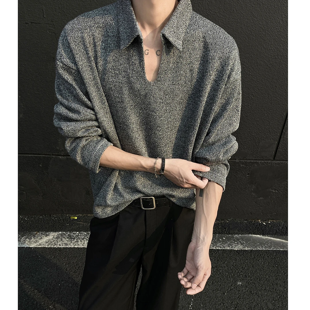 cleanfit灰色V领针织衫美式复古polo衫男款潮牌宽松慵懒风长袖t恤