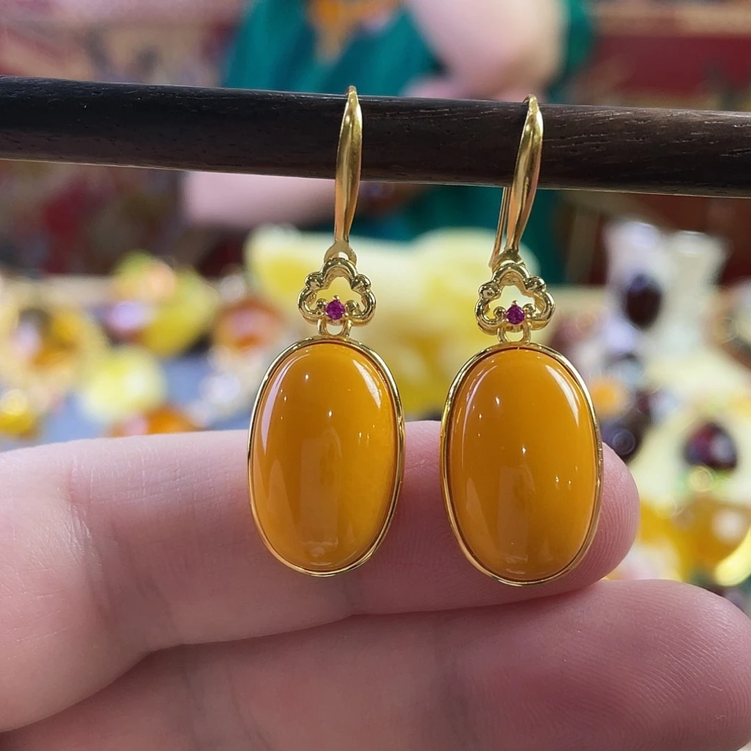 银S925镀金镶嵌蜜蜡耳环