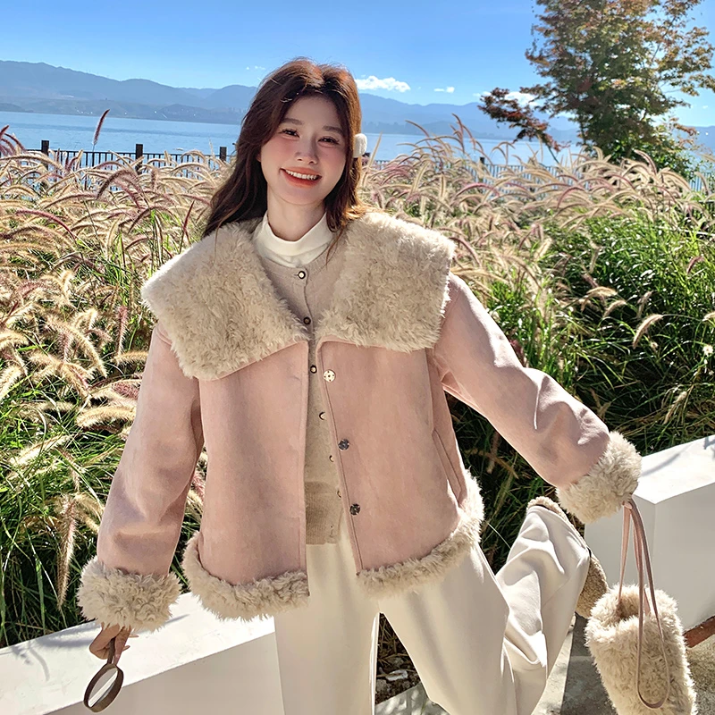 粉色甜美减龄大翻领皮毛一体外套女2025冬季新款漂亮洋气加绒棉服
