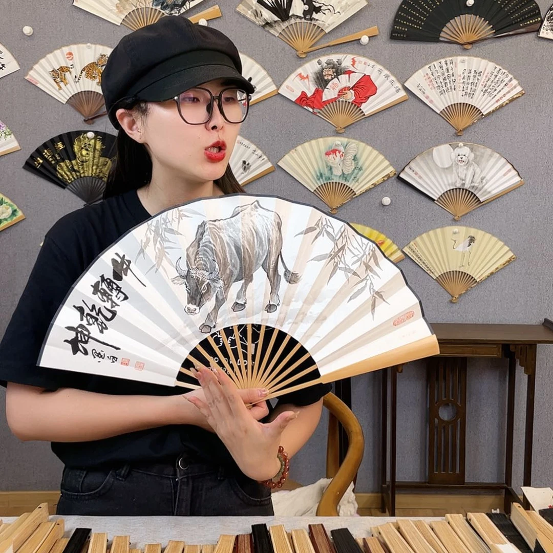 煜***君国画10寸玉竹-纯手绘-文玩扇骨（默认粘好）