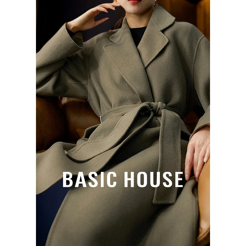 Basic House/百家好中长款系带羊毛呢外套女新款大衣B1195B50702