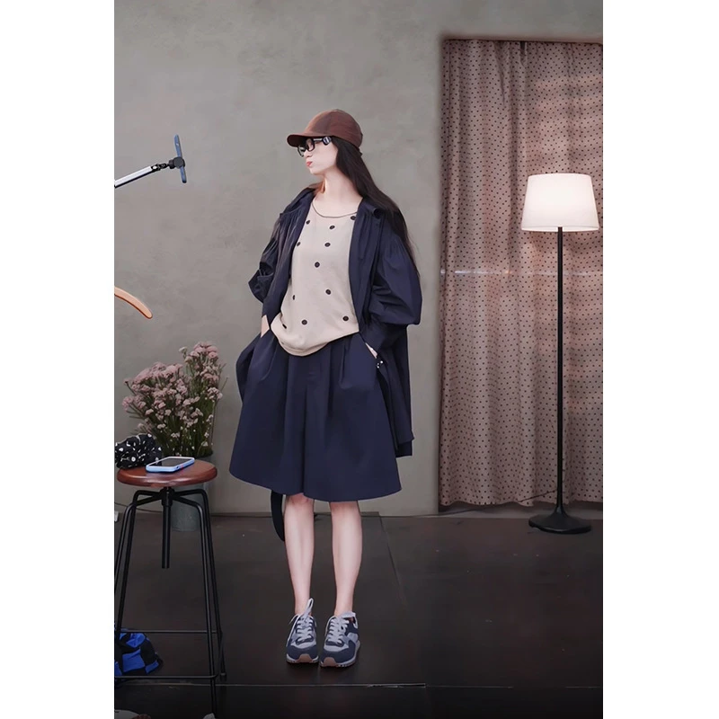 夏款藏青轻盈运动减龄利落百搭A字型宽松阔腿短裤休闲五分裤5136