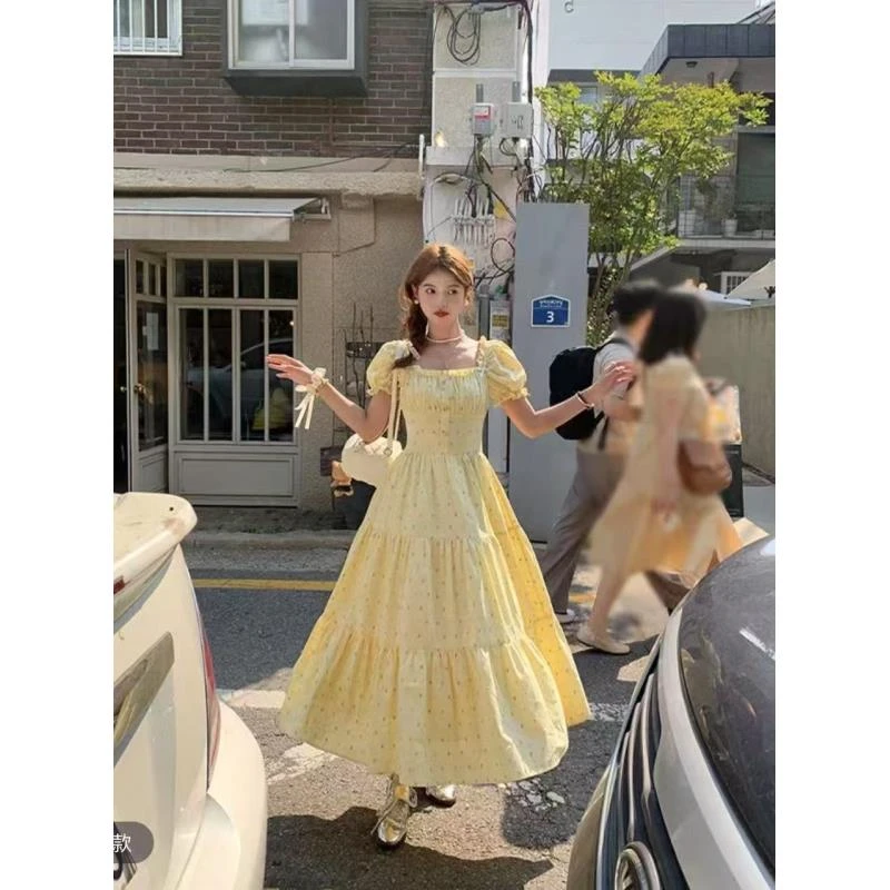 高腰泡泡袖A型森系夏季长款公主甜美碎花温柔常规大码连衣裙-6338