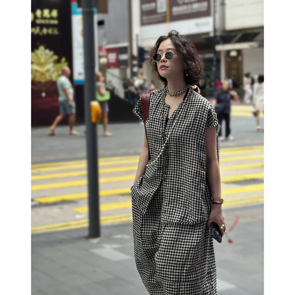 X【叭哒不惑】插画上 亚麻经典黑白复古格子衫宽松毛边设计感上衣