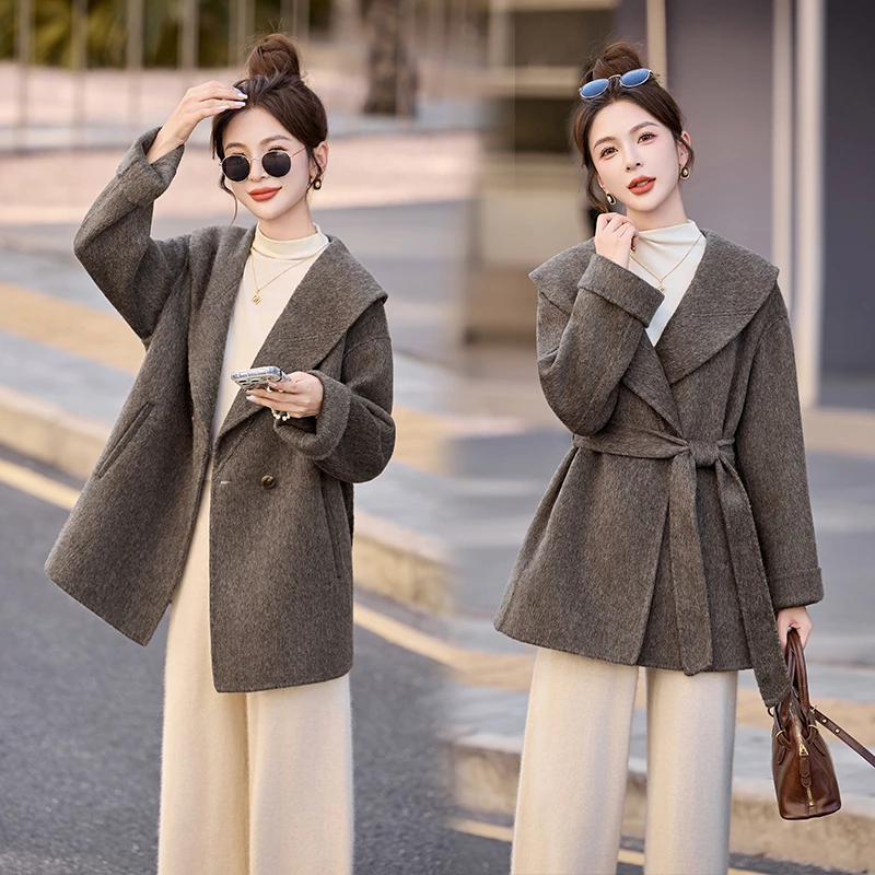 毛呢外套女款2025新款爆款海军领双面羊毛大衣外套干练总裁女装潮