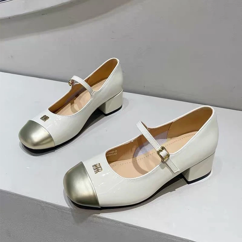 乐福鞋玛丽珍鞋百搭单鞋时尚粗跟高跟圆头白色浅口单鞋法式