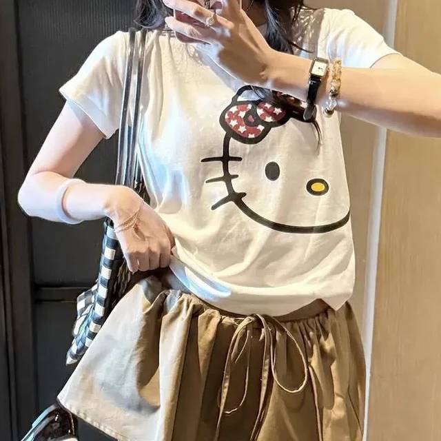 2025夏季新款夏装大码胖mm女装Kitty猫印花正肩圆领短袖T恤上衣