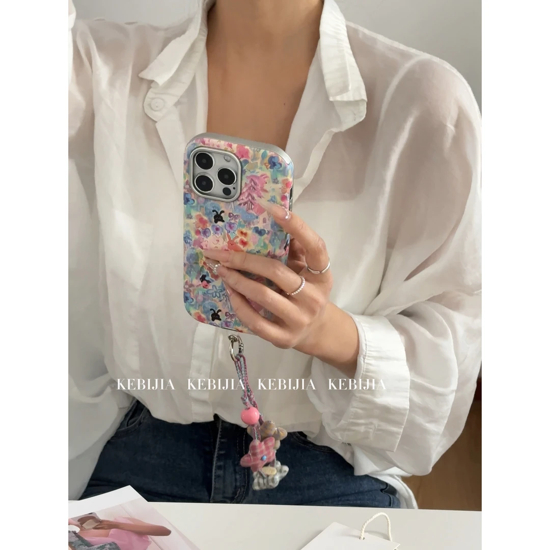 ins兔子花园花朵挂绳防摔软壳适用于苹果16promax15/14手机壳