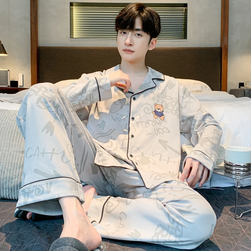 高档双面纯棉睡衣男长袖春秋冬大码男士舒适大码青中年夏季家居服
