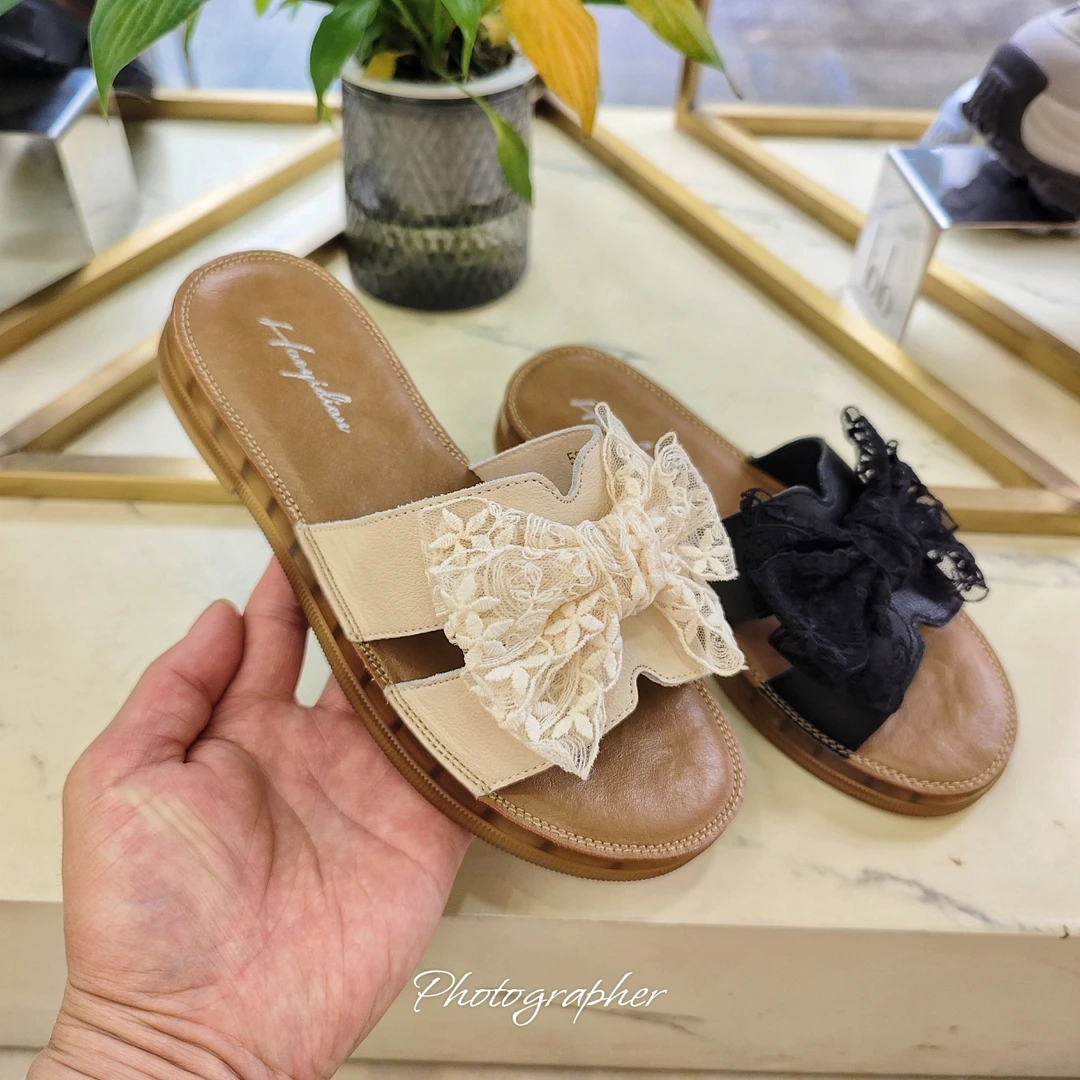 实体店真皮女鞋20555平底拖鞋女软底蝴蝶结头层牛皮外穿凉拖鞋